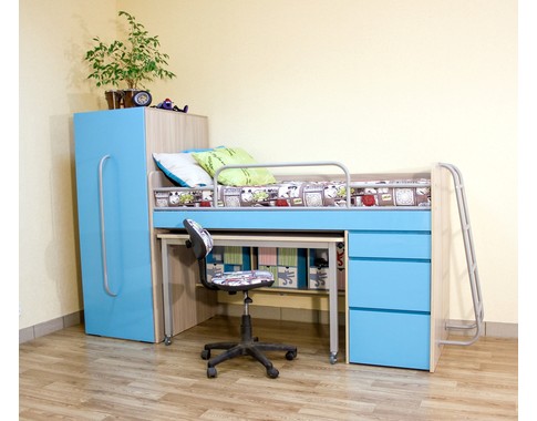 Компактная мебель для детской "Минимакс" c кроватью трансформером в голубом цвете