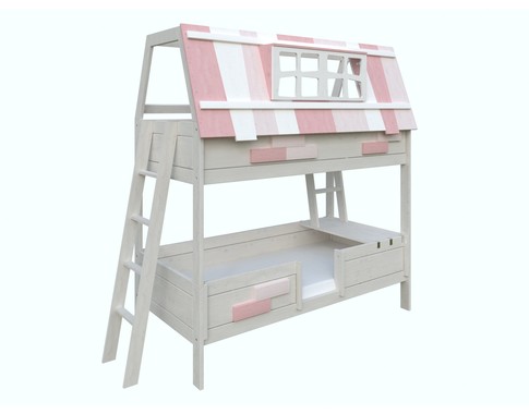 Детская двухъярусная кровать "Английский домик" с розовой крышей 