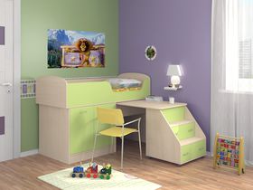 Детская кровать-чердак "Дюймовочка" с рабочей зоной в зеленом цвете