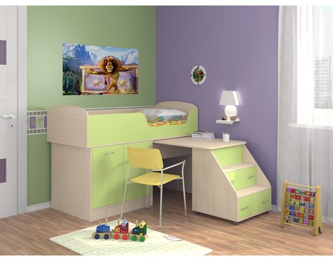 Детская кровать-чердак "Дюймовочка" с рабочей зоной в зеленом цвете