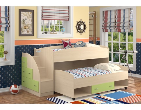 Низкая детская двухъярусная кровать Дюймовочка (Вариант с зелеными фасадами)