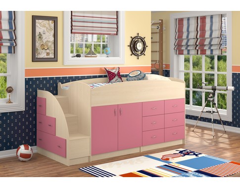 Детская кровать-чердак "Дюймовочка" с ящиками и шкафом в розовом цвете