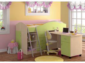 Детская кровать-чердак "Дюймовочка (Вариант 2)" с рабочей зоной в зеленом цвете