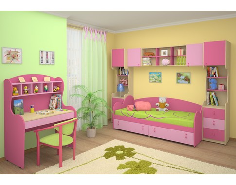 Детская стенка в комнату девочки "Мия" с розовыми фасадами