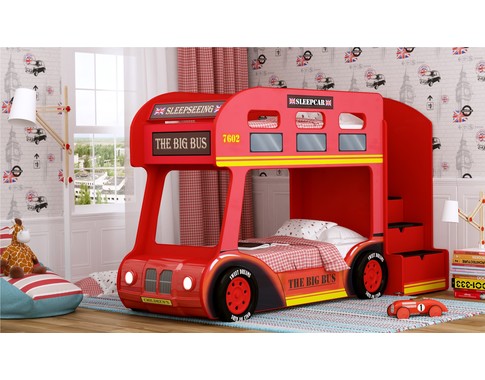 Двухъярусная кровать автобус с объемным пластиковым бампером и колесами "Лондонский автобус" под матрас 170*70