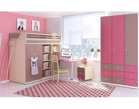 Детская комната для девочки с кроватью-чердаком в розовом цвете "Силуэт"