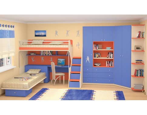 Компактная мебель для детской комнаты в синем цвете "Силуэт" для двоих детей (Комбинация 2)