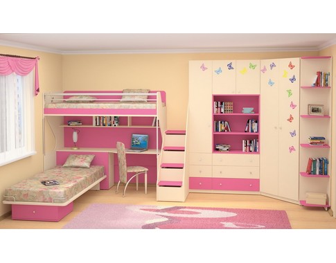 Компактная мебель для детской комнаты в розовом цвете "Силуэт" для двоих детей (Комбинация 2)