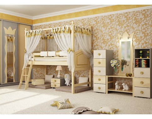 Детская комната для девочек "Фреска золотая" с кроватями из массива бука