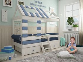 Кровать - домик "Eco House" из массива бука в синем цвете для мальчика