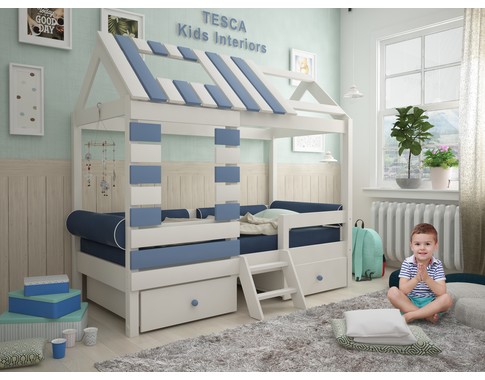 Кровать - домик "Eco House" из массива бука в синем цвете для мальчика
