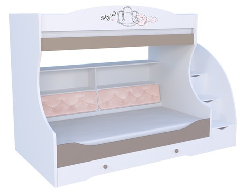 Детская двухъярусная кровать "Парижанка розовая" под матрас 80-190 с комодом, тумбой - ступеньками и мягкой спинкой на нижнем ярусе