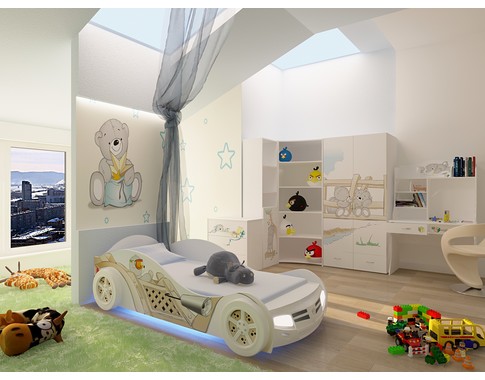 Детская комната "Мишки" с кроватью машиной в белом цвете