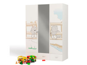 Детский шкаф 3-дверный с выдвижными ящиками c зеркалам из коллекции "Мишки"