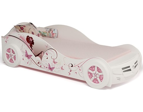 Кровать машина для девочки "Фея" в белом цвете с розовыми принтами с подсветкой