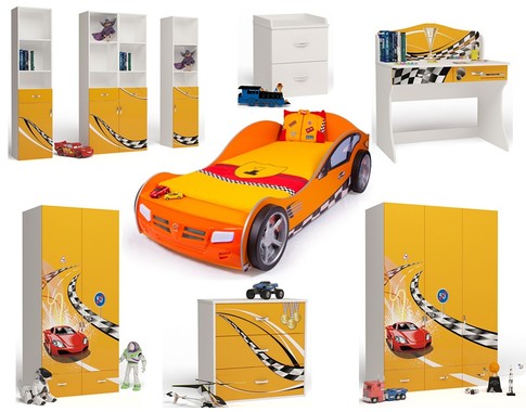 Детская комната для мальчика "Формула оранжевая" с кроватью машиной