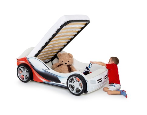 Детская кроватка машинка "La-Man 2 c красным рисунком и объемными колесами