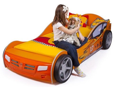 Детская кровать в виде машины "Чемпион" в оранжевом цвете с подсветкой дна